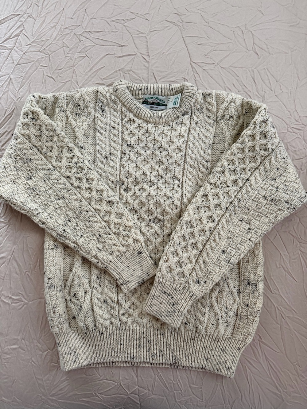 Aran Crafts Cream Speckled Cable Knit Crewneck Sweater